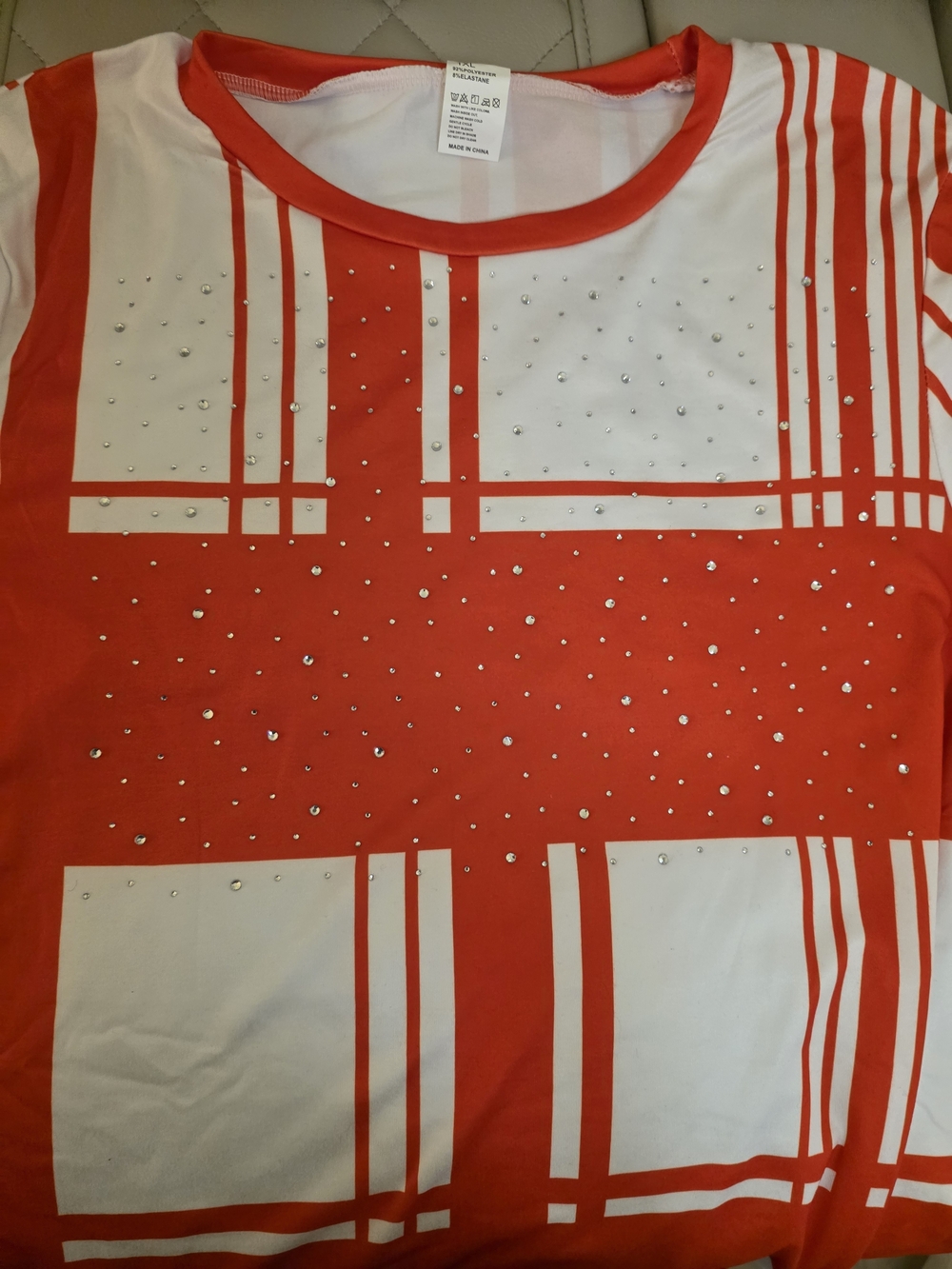 Red and White Plaid Crystal-Embellished Top